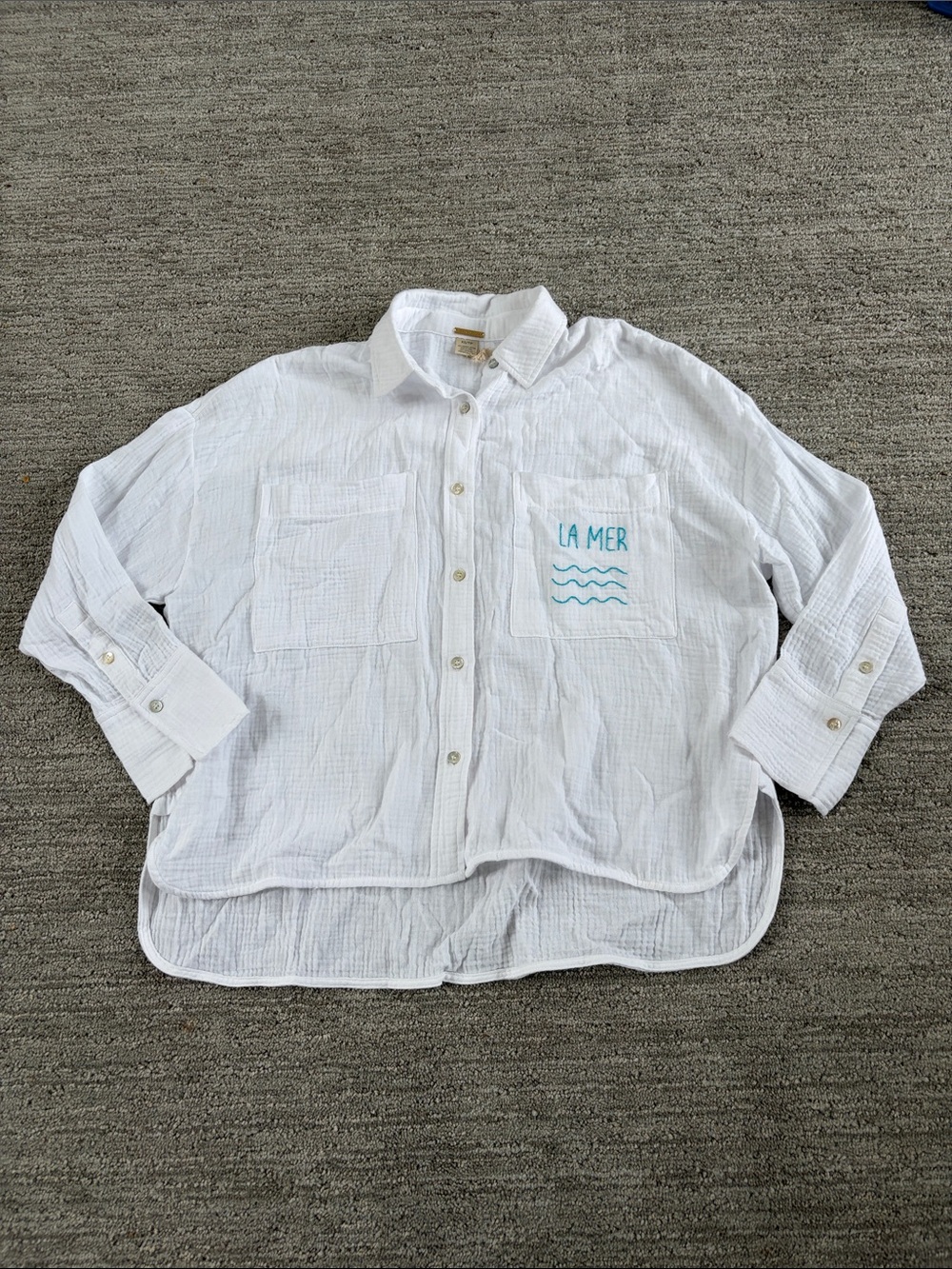 Magaschoni White Button-Down Organic Cotton Shirt with Teal Logo